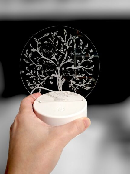 Lampe led avec base ronde blanche, tenue à la main avec panneau acrylique avec arbre de vie