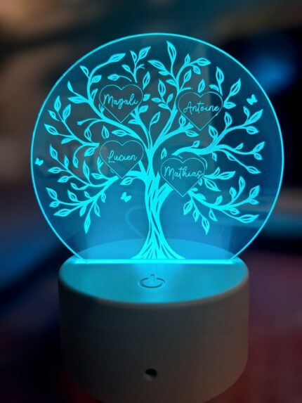 Lampe led avec base ronde blanche, panneau acrylique avec arbre de vie